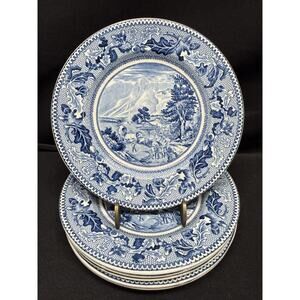 (6) Johnson Bros Historic America Covered Wagons Rocky Mountains 6.25” plate blu